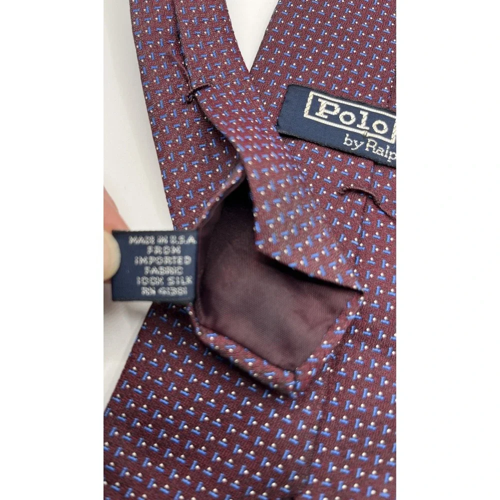 POLO RALPH LAUREN Mens Silk Necktie Burgundy Blue Geometric Hand Made in USA